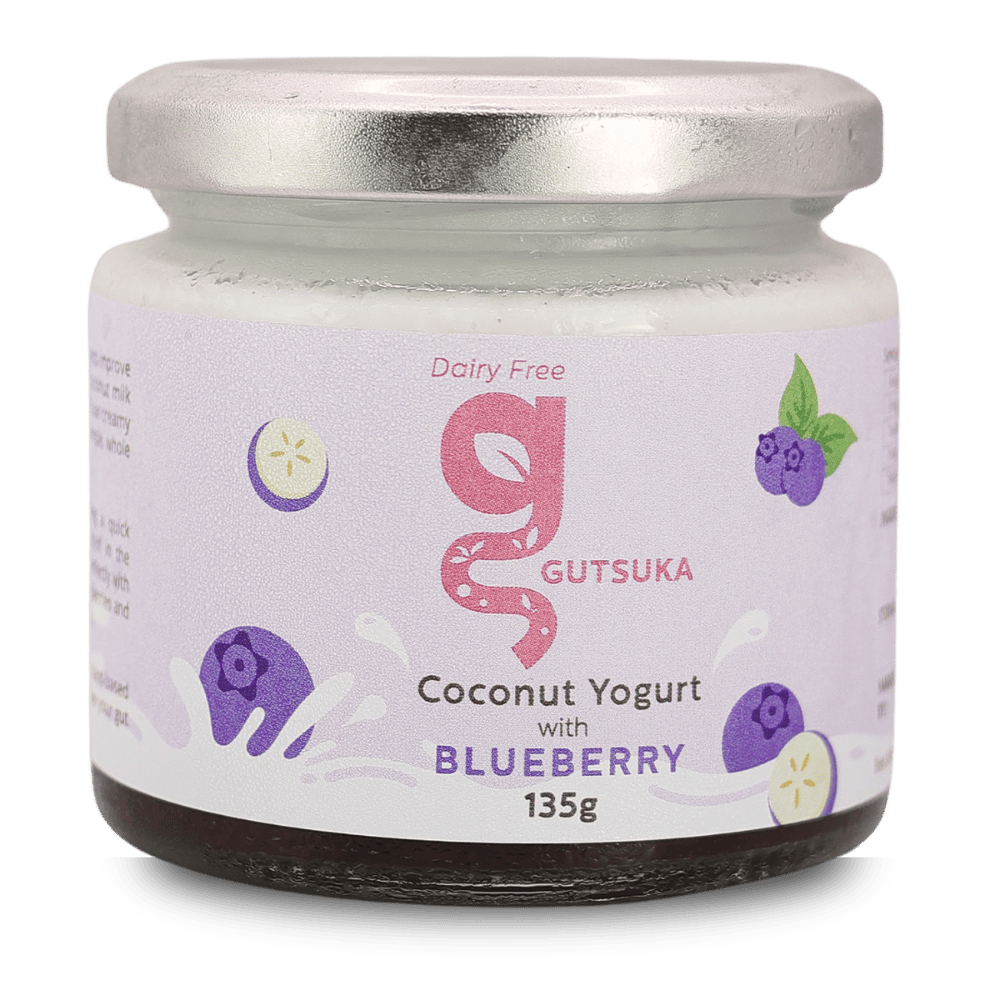 Dairy-Free Coconut Yogurt in Malaysia Gutsuka Blueberry Coconut Yogurt 135g jar with blueberry jam layers at the bottom.