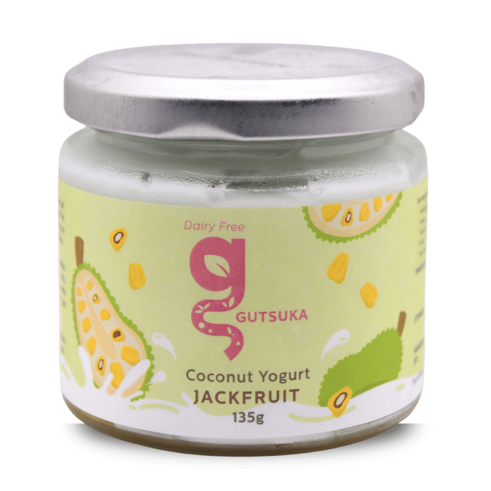 Dairy-Free Coconut Yogurt in Malaysia Gutsuka Jackfruit Coconut Yogurt 135g jar with jackfruit compote layered at the bottom