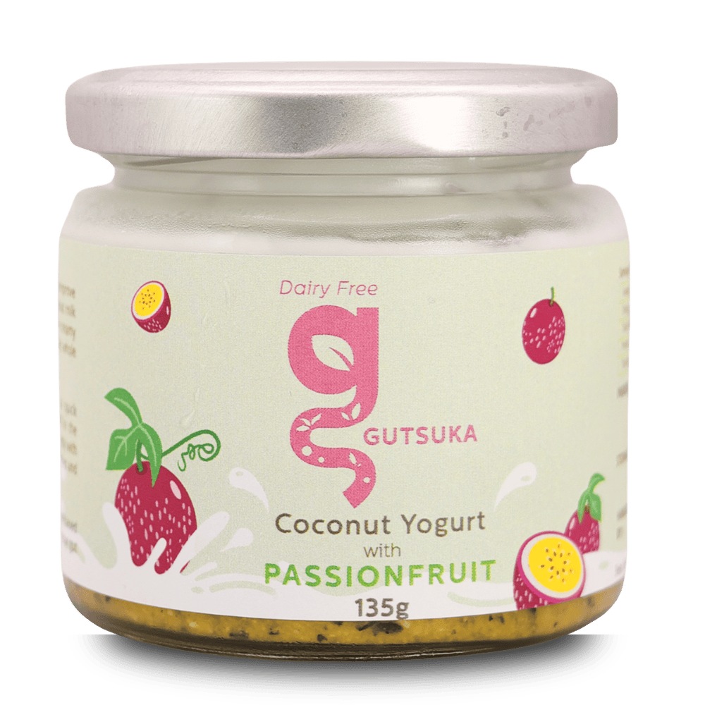 Dairy-Free Coconut Yogurt in Malaysia Gutsuka Passionfruit Coconut Yogurt 135g jar showing passionfruit swirls and seeds.