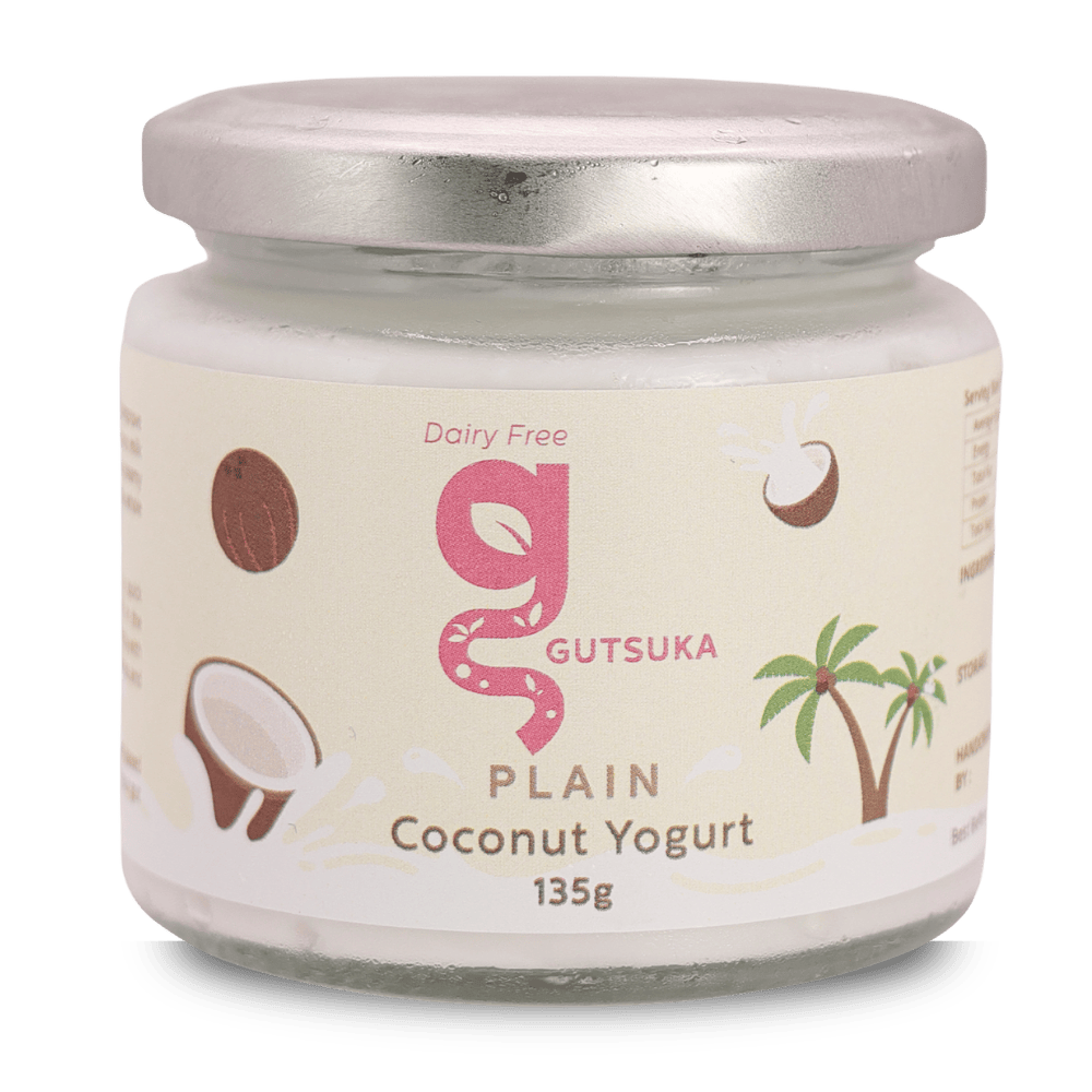 Dairy-Free Coconut Yogurt in Malaysia Gutsuka Plain Coconut Yogurt 135g jar in a glass container with a silver lid.