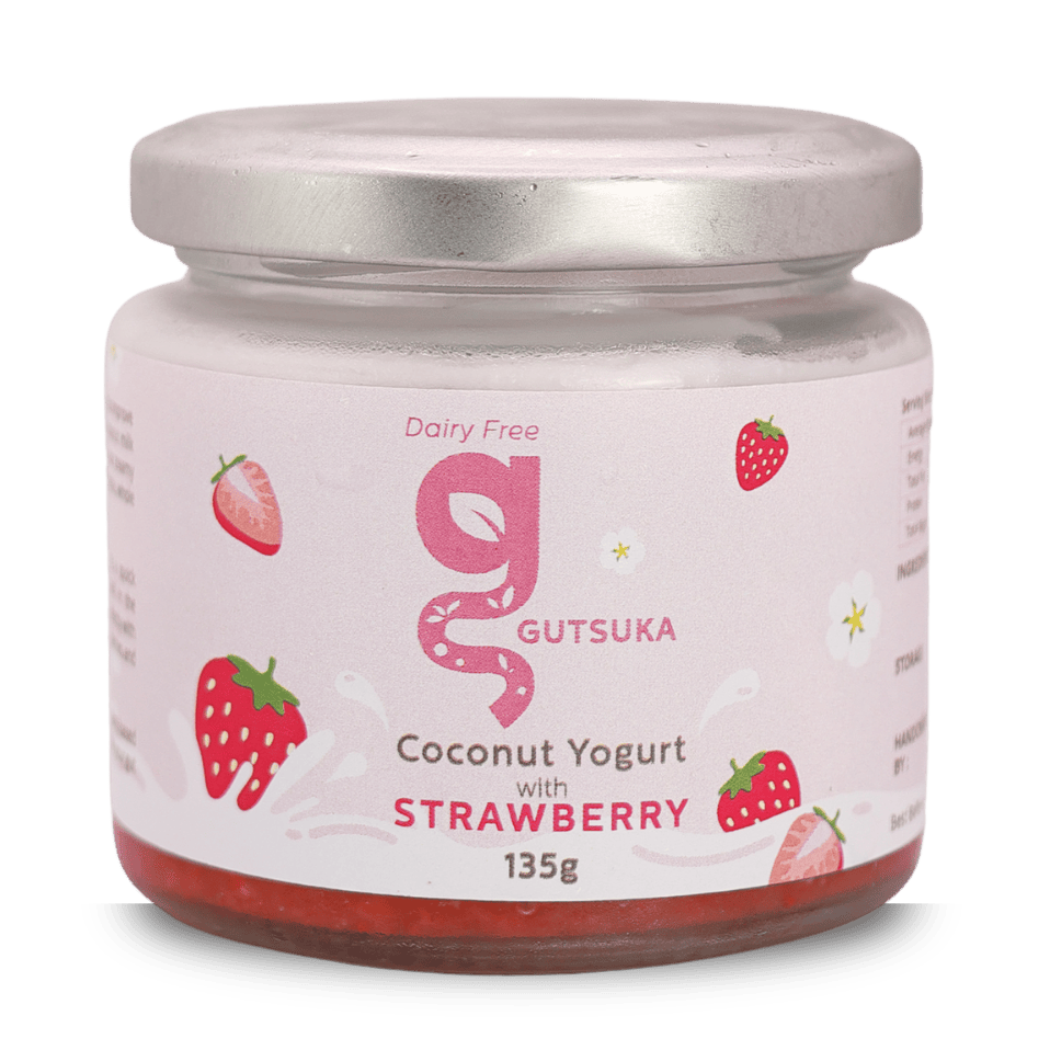 Dairy-Free Coconut Yogurt in Malaysia Gutsuka Strawberry Coconut Yogurt 135g jar with bright red real fruit jam visible.