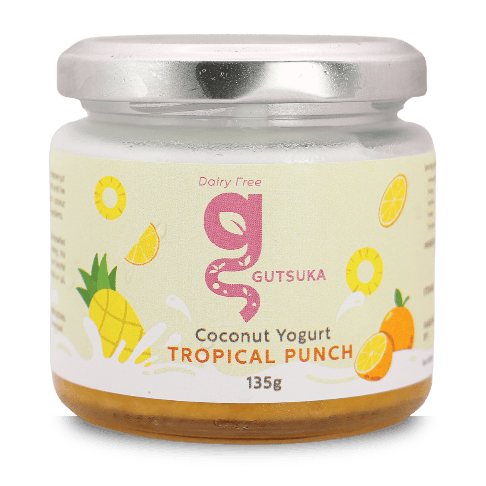 Dairy-Free Coconut Yogurt in Malaysia Gutsuka Tropical Punch Coconut Yogurt 135g jar with pineapple and orange fruit infusions.