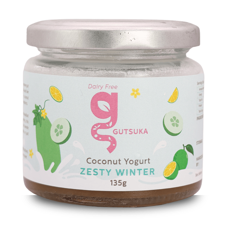 Dairy-Free Coconut Yogurt in Malaysia Gutsuka Zesty Winter Coconut Yogurt 135g jar featuring wintermelon and calamansi flavors.