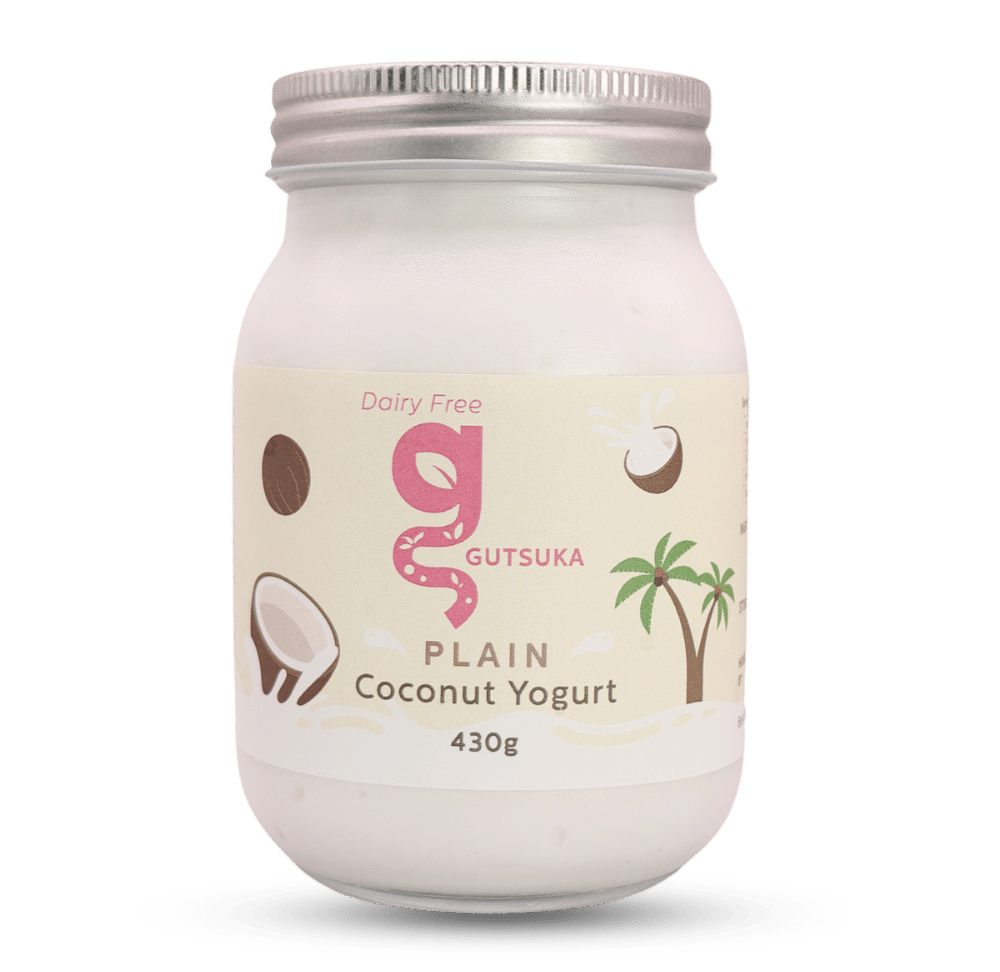 Dairy-Free Coconut Yogurt in Malaysia Gutsuka Plain Coconut Yogurt 430g jar in a glass container with a silver lid.