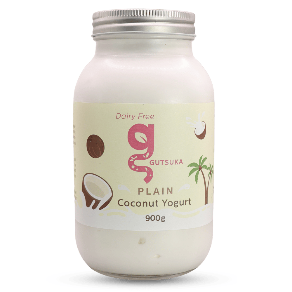 Dairy-Free Coconut Yogurt in Malaysia Gutsuka Plain Coconut Yogurt 900g jar in a glass container with a silver lid.